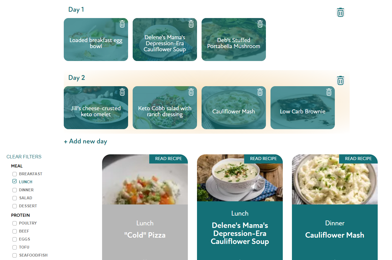 A screenshot of the meal planning feature of the Jumpstart website