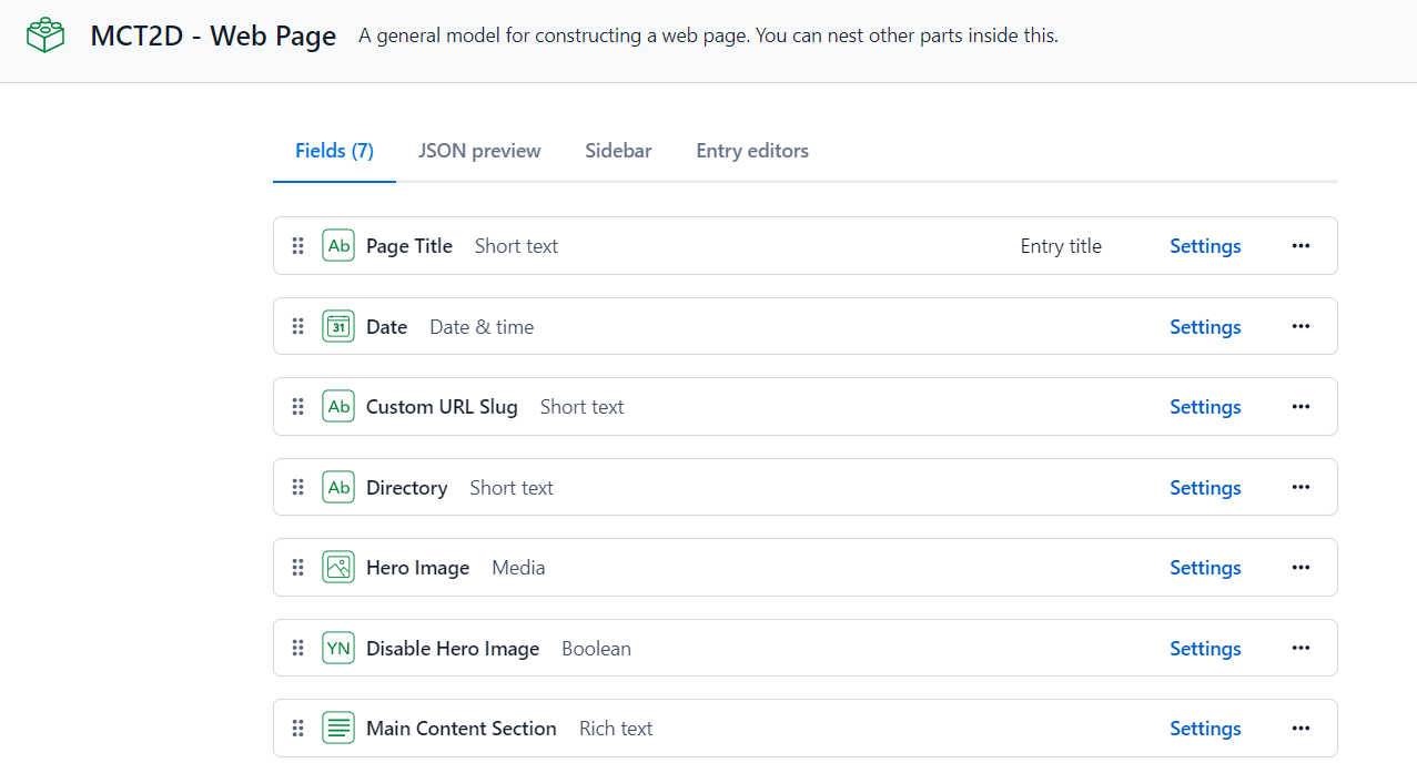 Screenshot showing the content model for a web page in Contentful